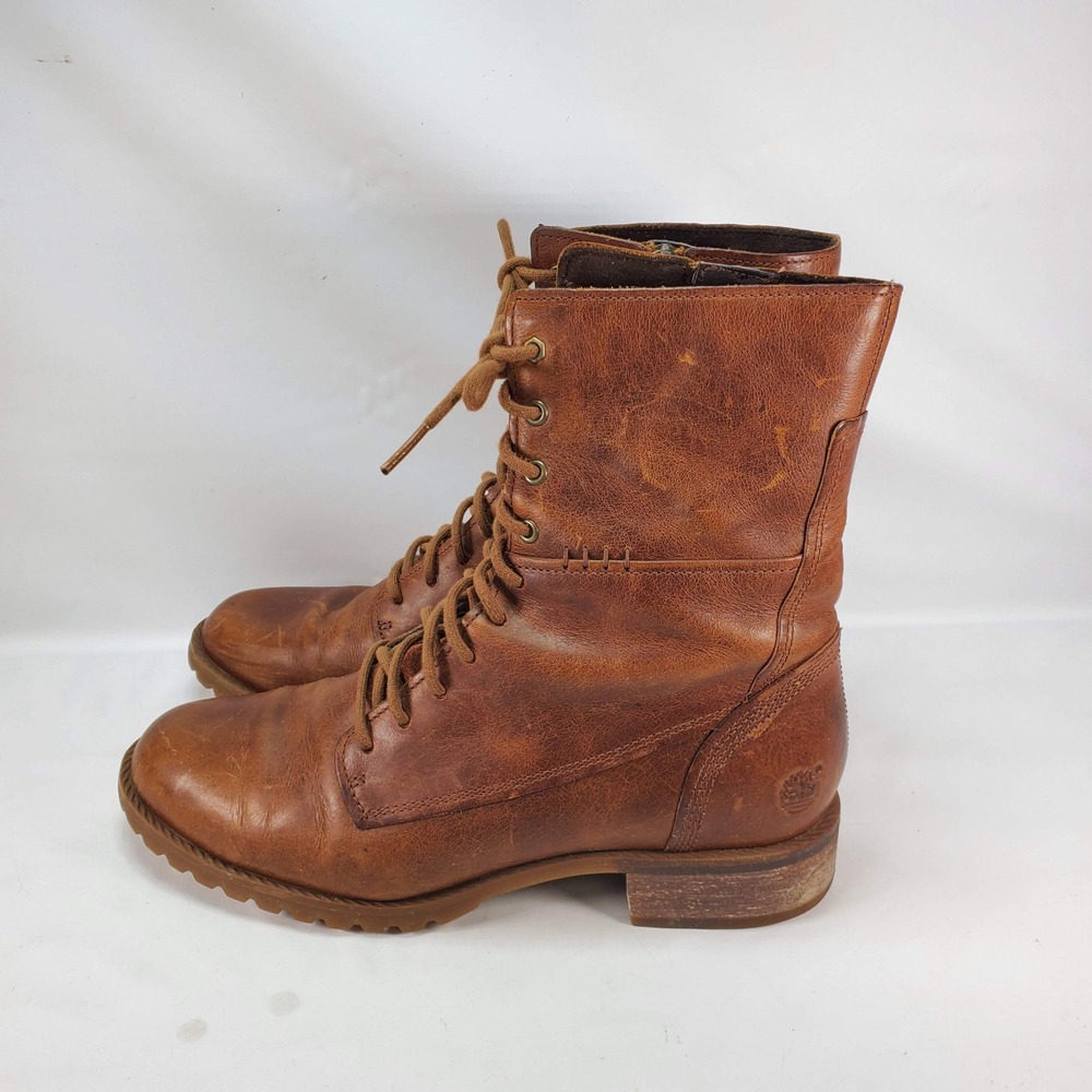 Timberland Main Hill Combat Boots Womens 7.5 Brown Leather Side Zip A169S Rugged - Picture 2 of 7